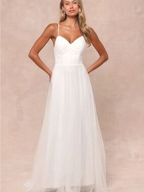 Lulus Pearl Embellished White Bridal Maxi Dress Spaghetti Strap Tulle Size S